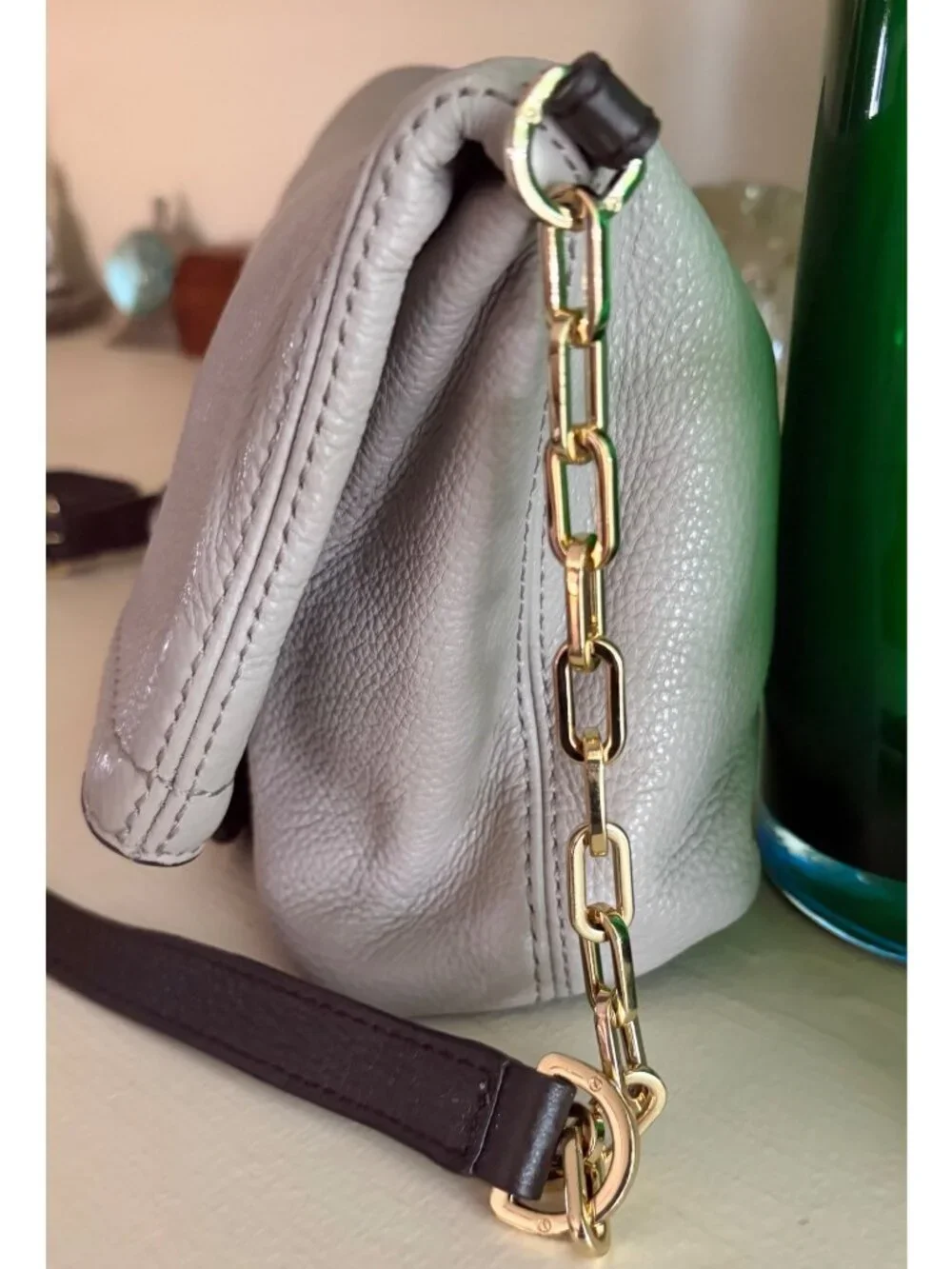 Tory Burch Fold-Over Sammy Multi-Colored Leather Crossbody Bag Gray Cream